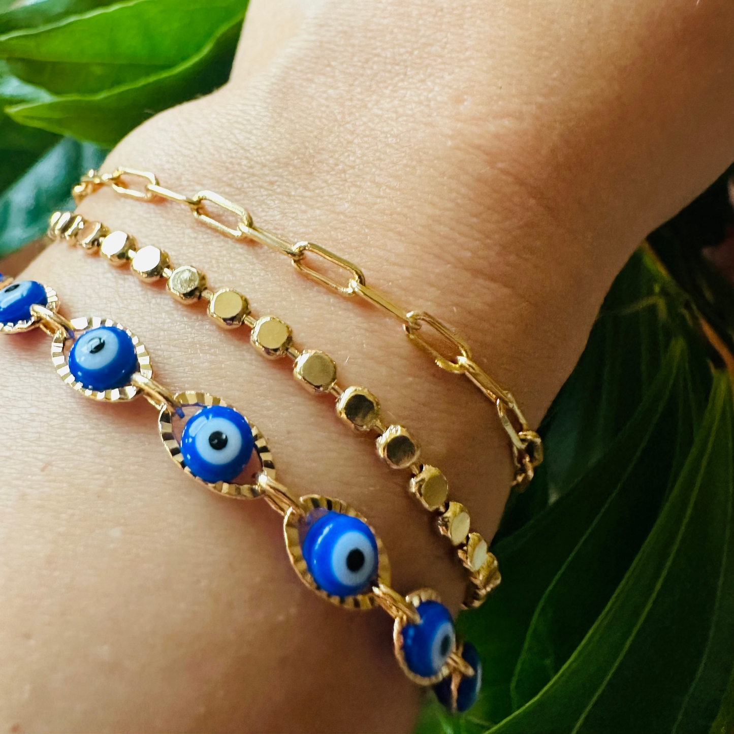 gold jewelry evil eye stack